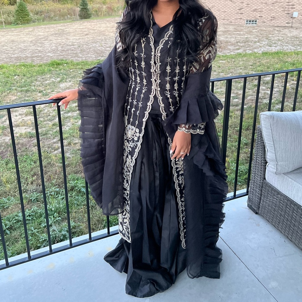Elegant Black and Silver Embroidered Coat Style Dress